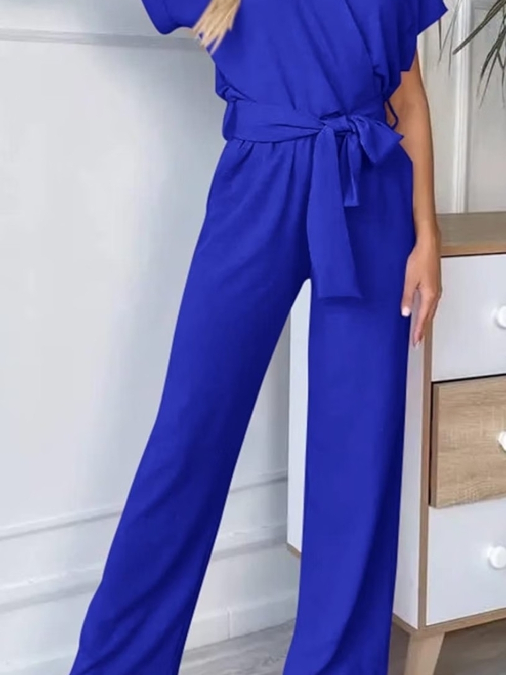 Women's Wide-Leg Jumpsuit with Tie Waist - Royal Blue